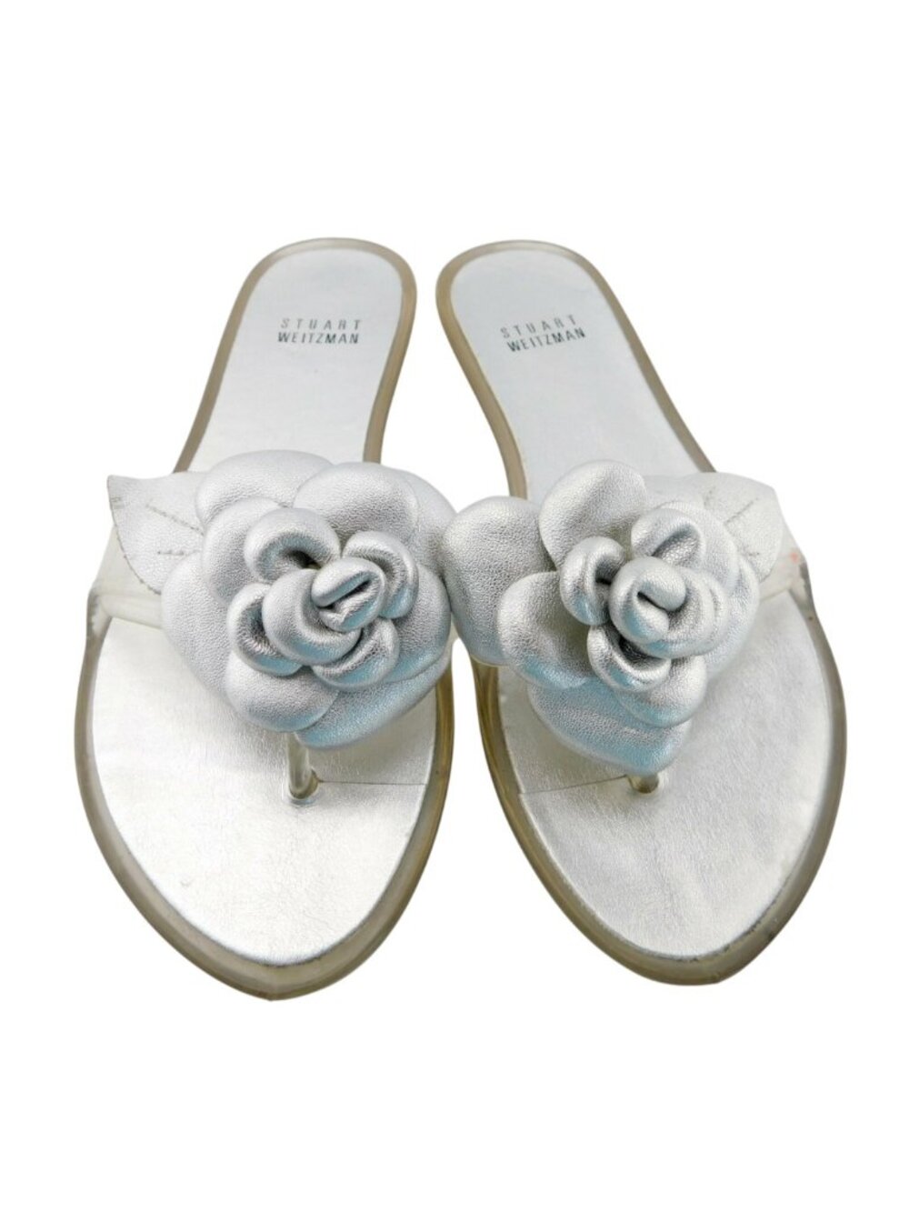 STUART WEITZMAN Silver Leather Rose Floral Thong Flat Sandals 6